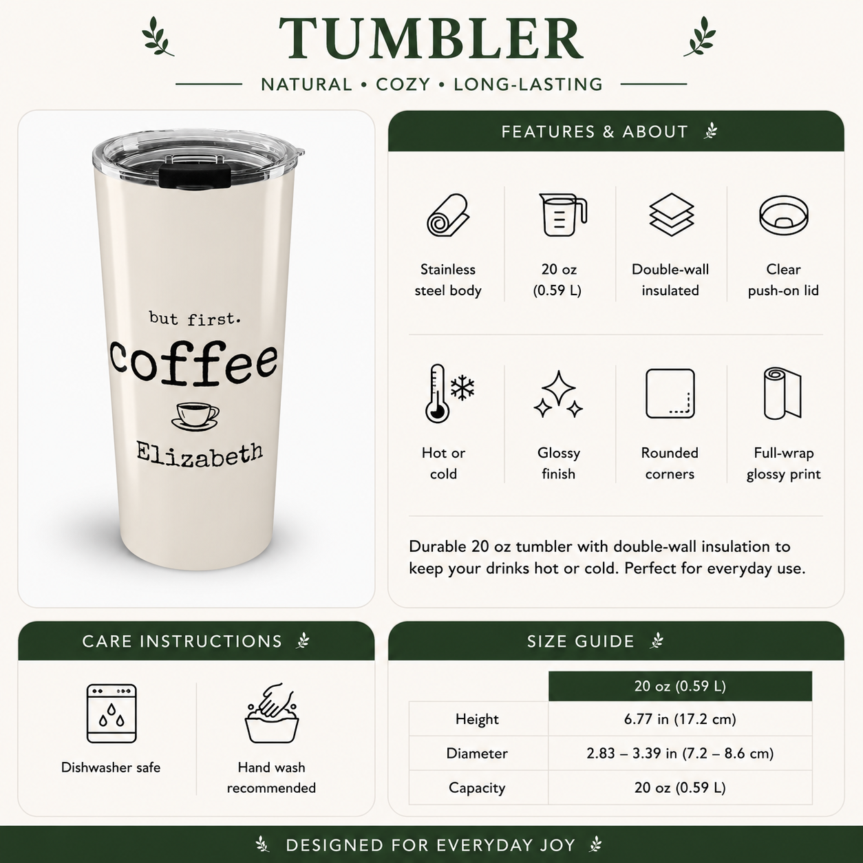 Back angle of But First, Coffee tumbler design