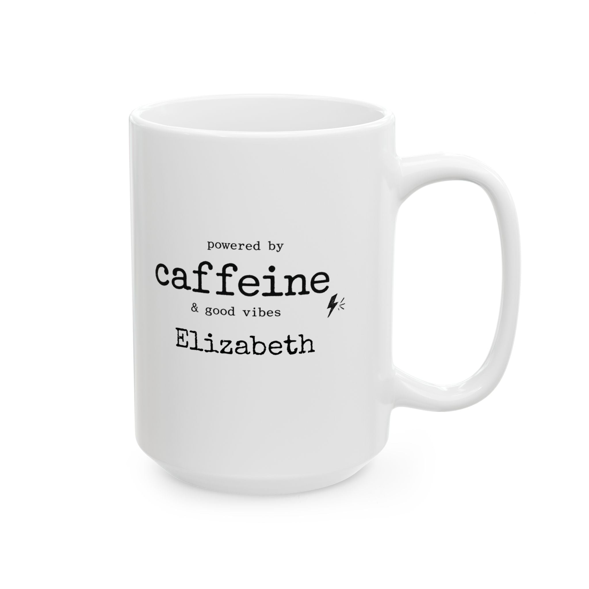 Personalized Powered by Caffeine mug displayed on a kitchen counter
