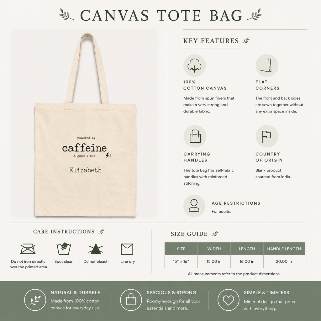 Caffeine and Good Vibes personalized tote bag folded flat lay