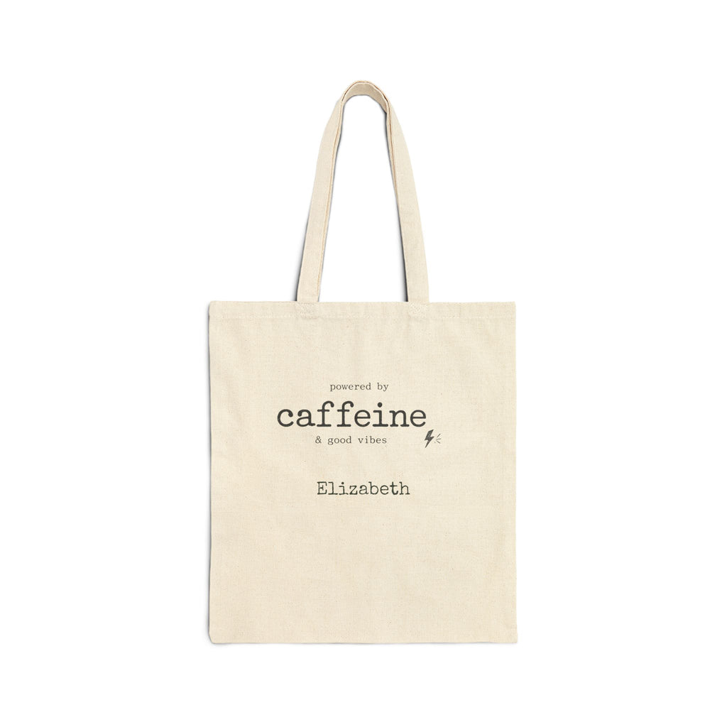 Personalized Caffeine and Good Vibes canvas tote bag with custom name