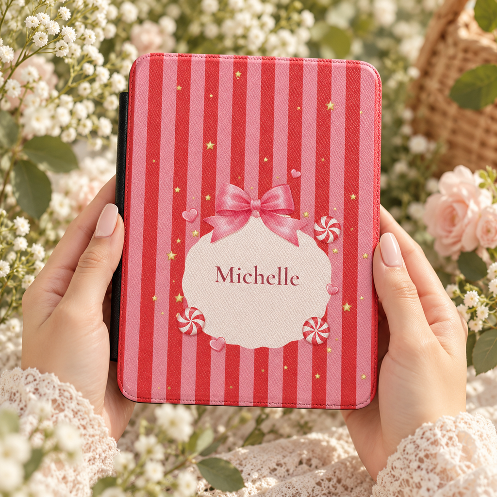 Close-up of the satin bow and peppermint details on the candy cane Kindle case