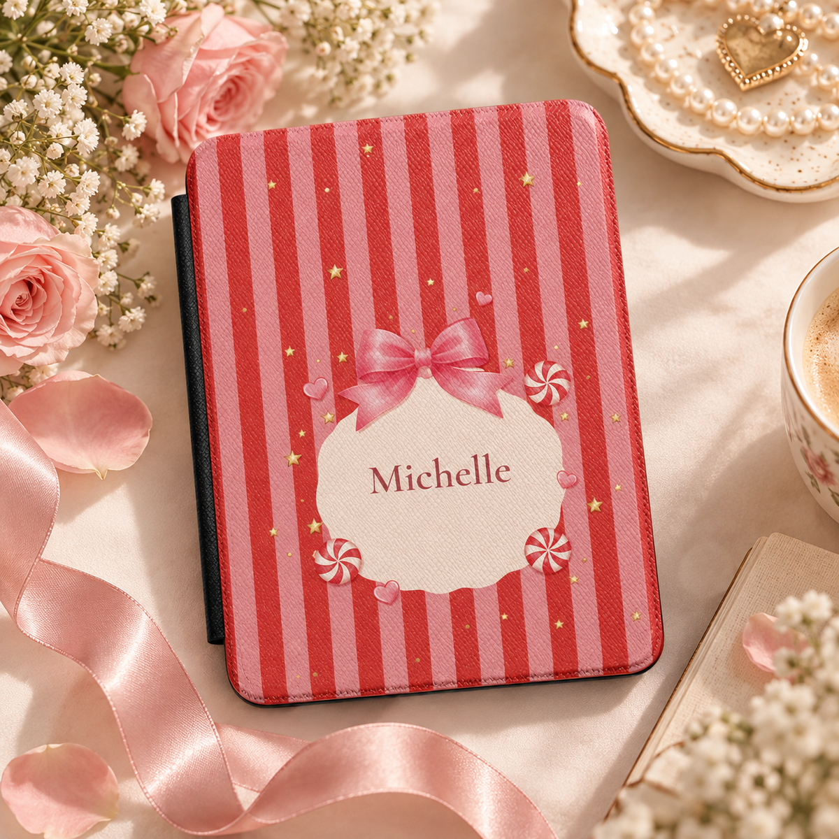 Personalized candy cane Kindle case open showing soft fabric interior lining