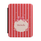 Candy cane striped personalized Kindle case with satin bow and custom name