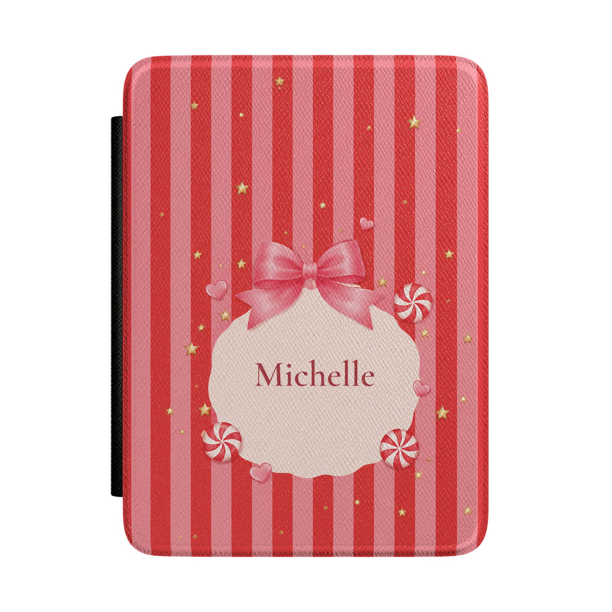 Candy cane striped personalized Kindle case with satin bow and custom name