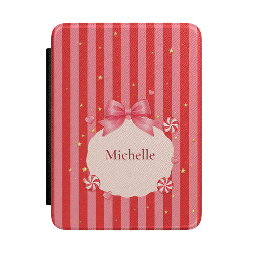 Candy cane striped personalized Kindle case with satin bow and custom name