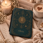 Personalized celestial Kindle case open showing soft fabric interior lining