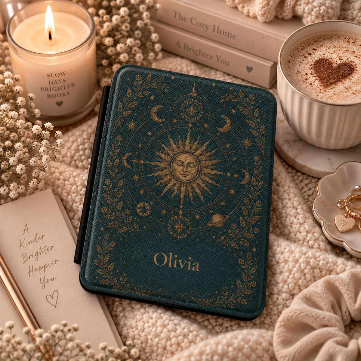 Personalized celestial Kindle case open showing soft fabric interior lining
