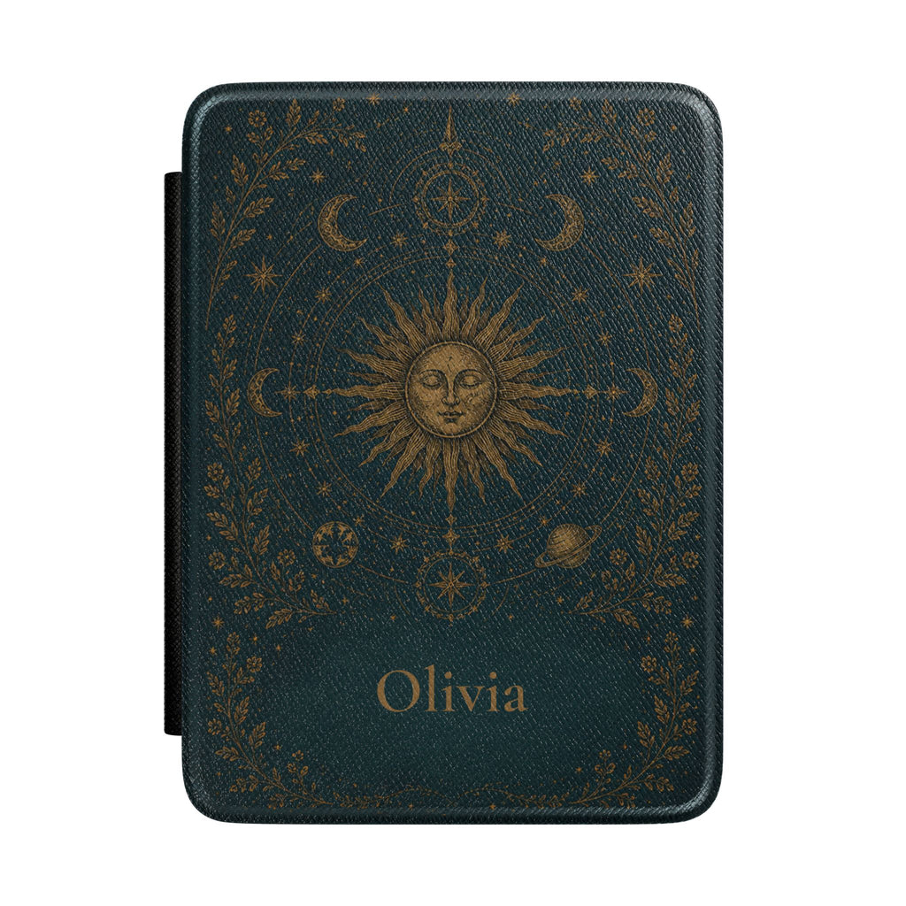 Celestial sun and moon personalized Kindle case on deep teal background