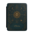 Celestial sun and moon personalized Kindle case on deep teal background