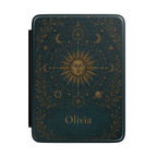 Celestial sun and moon personalized Kindle case on deep teal background