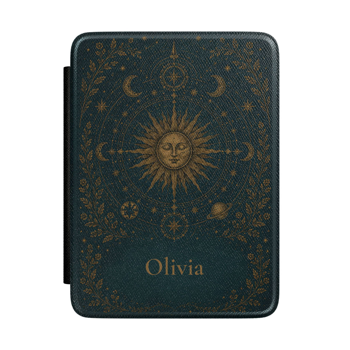 Celestial sun and moon personalized Kindle case on deep teal background