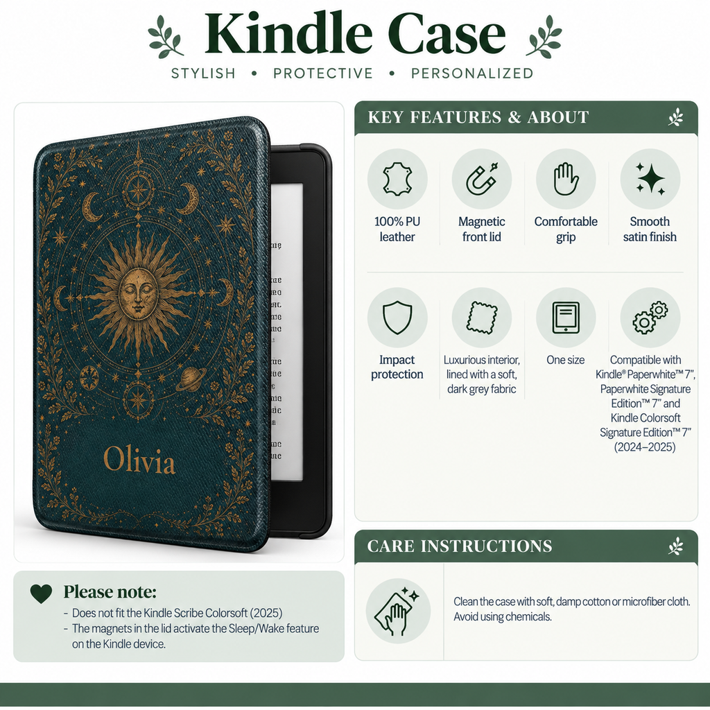 Size and compatibility chart for the personalized celestial sun and moon Kindle case