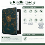 Size and compatibility chart for the personalized celestial sun and moon Kindle case