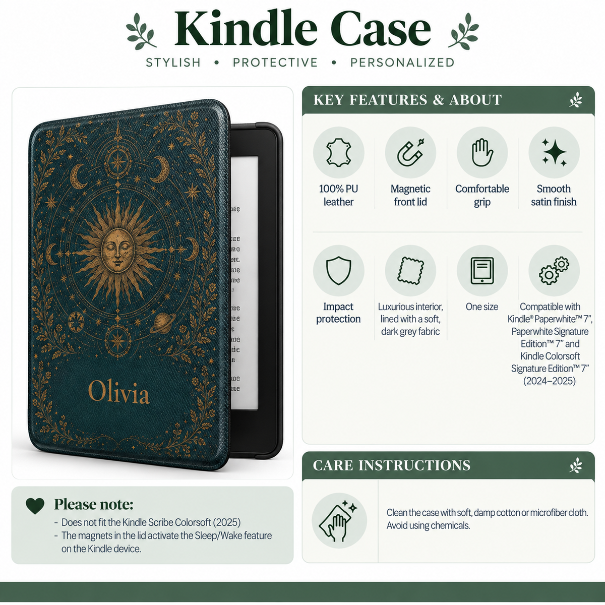 Size and compatibility chart for the personalized celestial sun and moon Kindle case