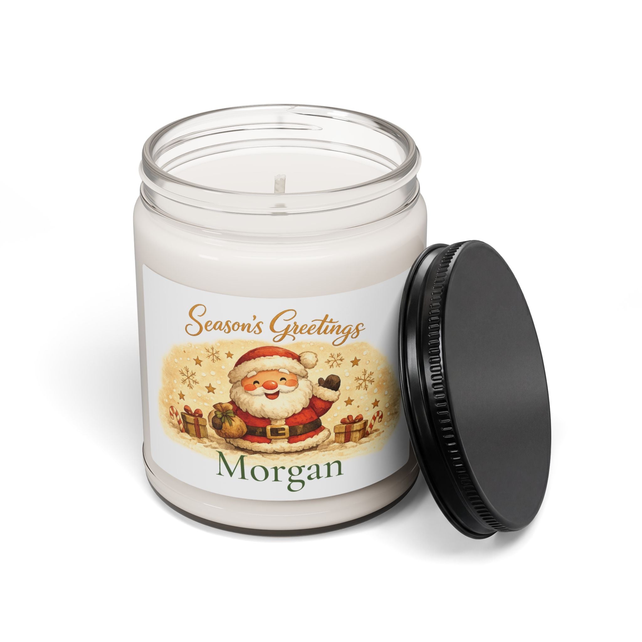 Close-up of the Season's Greetings candle label showing the custom name detail