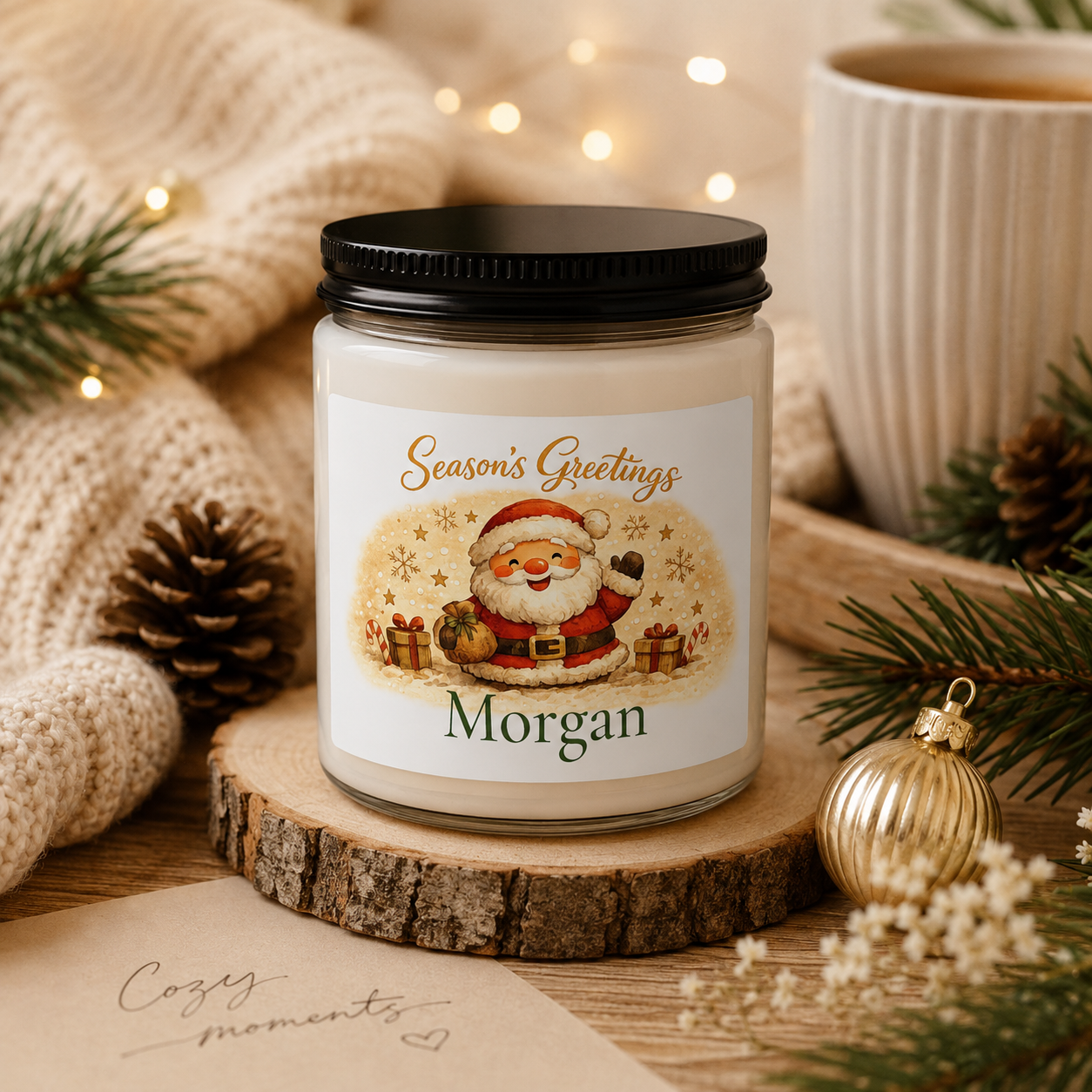 Personalized Christmas Santa candle shown on a mantle as part of holiday decor