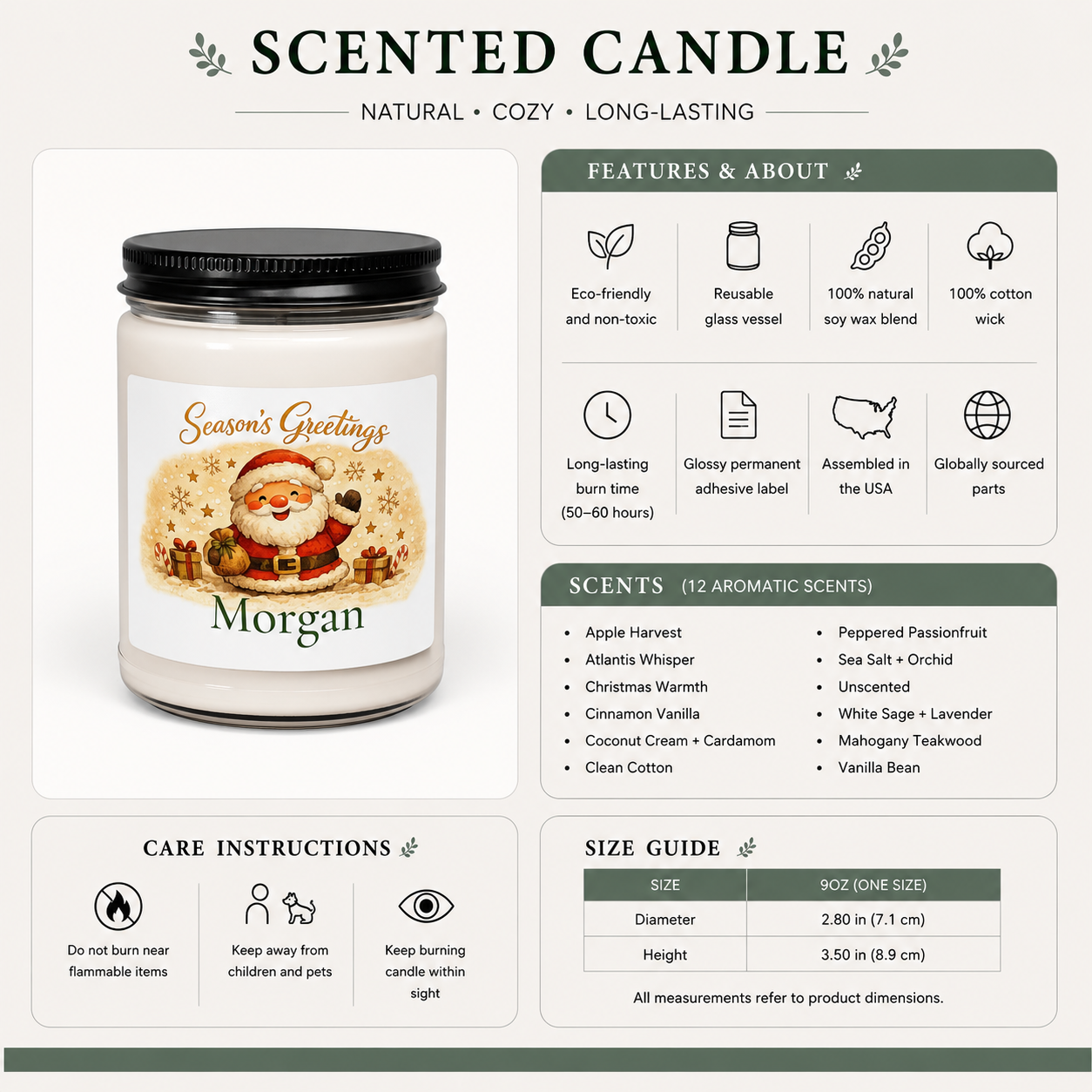 Personalized Christmas Santa candle lit, showing the soft glow of the flame