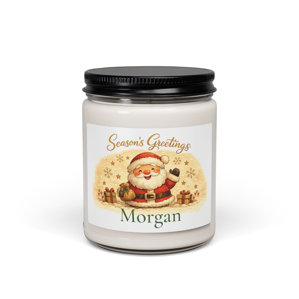 Personalized Season's Greetings Santa soy candle with the name Morgan