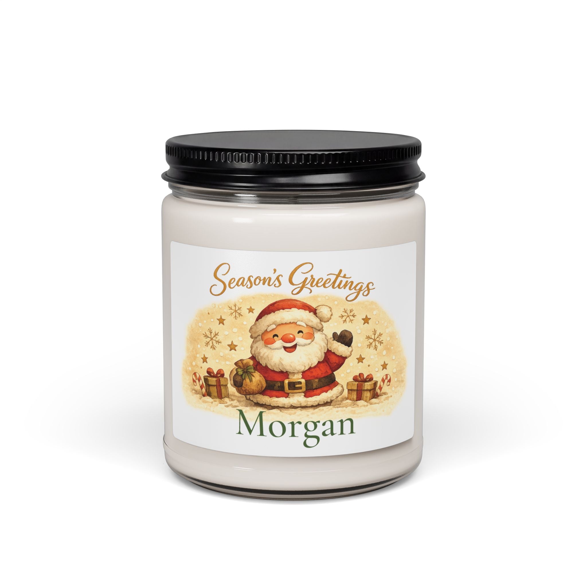 Personalized Season's Greetings Santa soy candle with the name Morgan