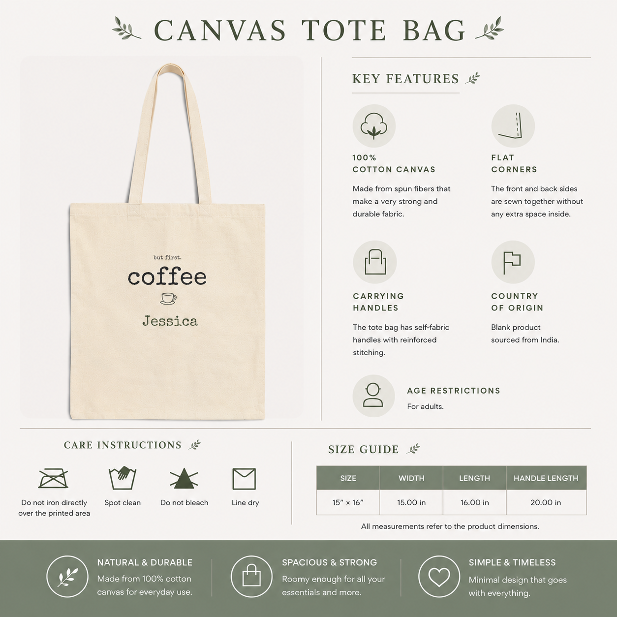 But First Coffee personalized tote bag folded flat lay