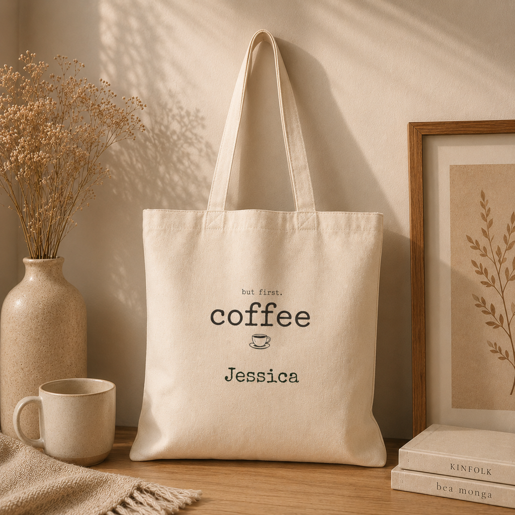 But First Coffee personalized tote carried over the shoulder, lifestyle shot