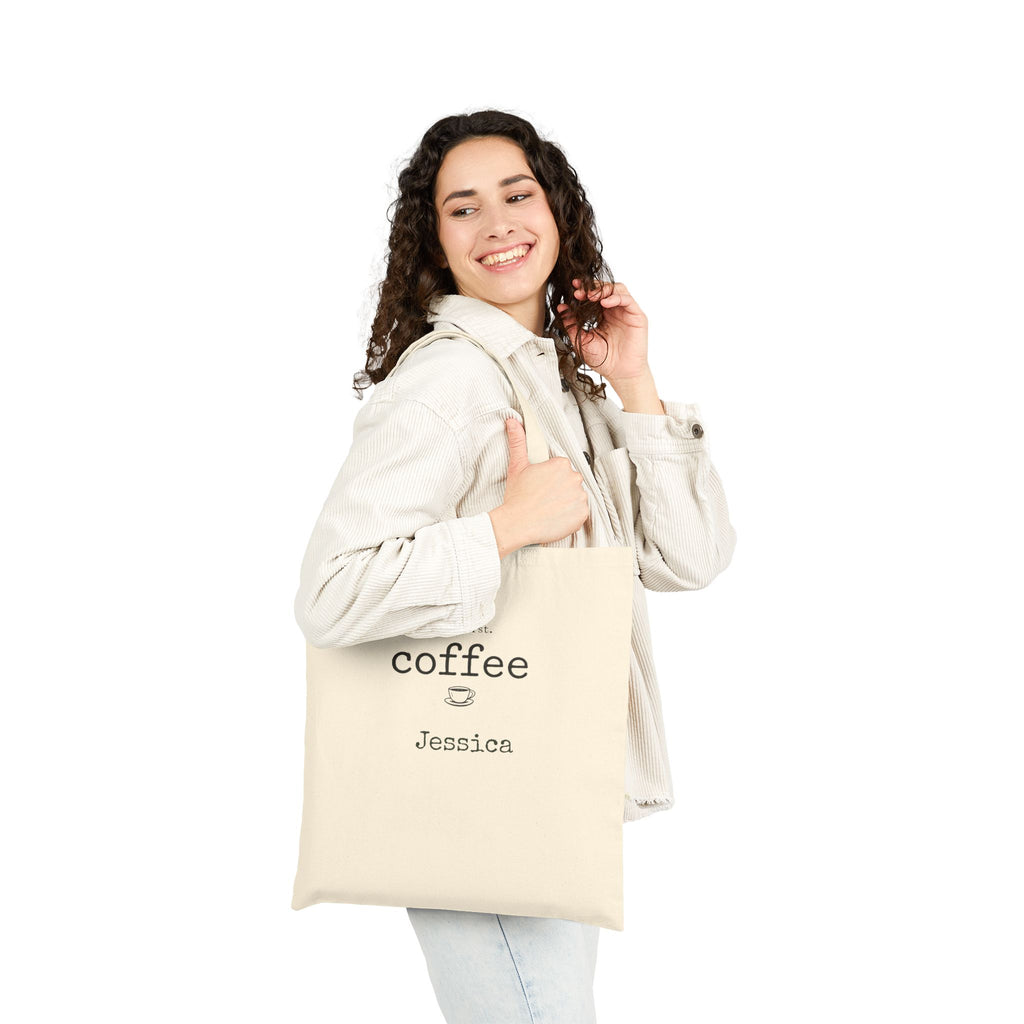 But First Coffee personalized tote bag size reference, 15 by 16 inches