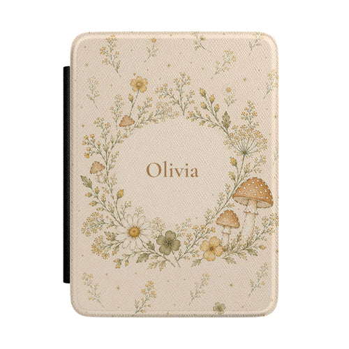 Cottagecore wildflower wreath Kindle case with custom name and mushroom details