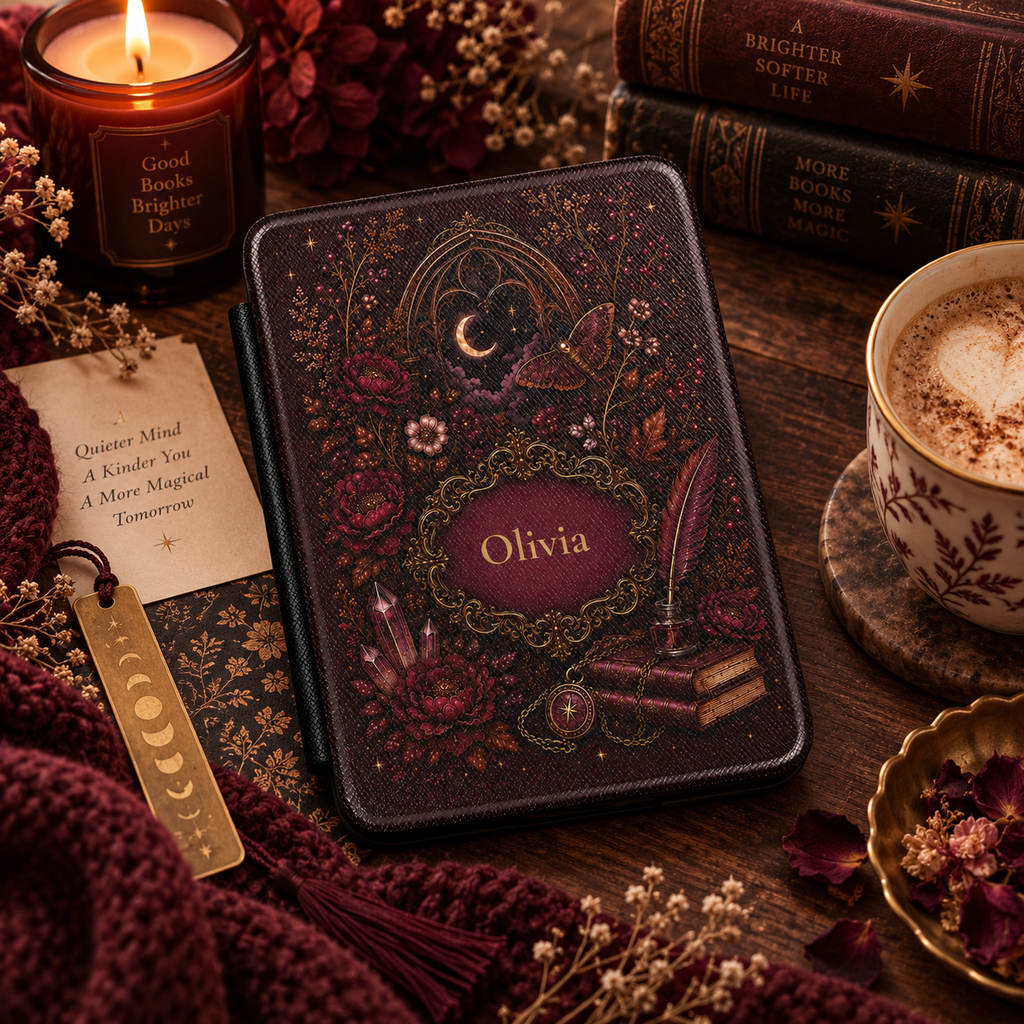Close-up of the crystal and quill illustration on the dark academia Kindle case