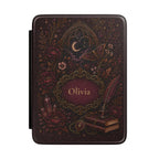 Dark academia personalized Kindle case with moon, crystals, books and custom name
