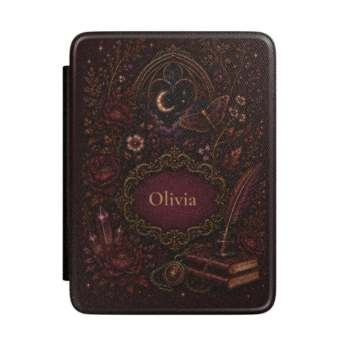 Dark academia personalized Kindle case with moon, crystals, books and custom name