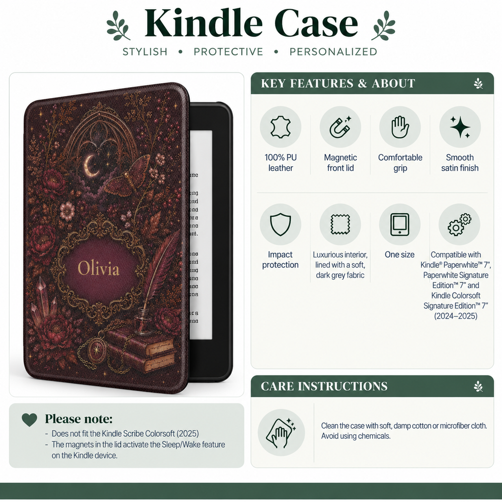Size and compatibility chart for the personalized dark academia Kindle case