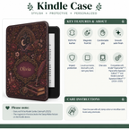 Size and compatibility chart for the personalized dark academia Kindle case