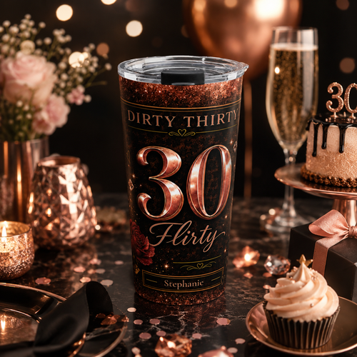 Close-up of custom name personalization on Dirty Thirty tumbler