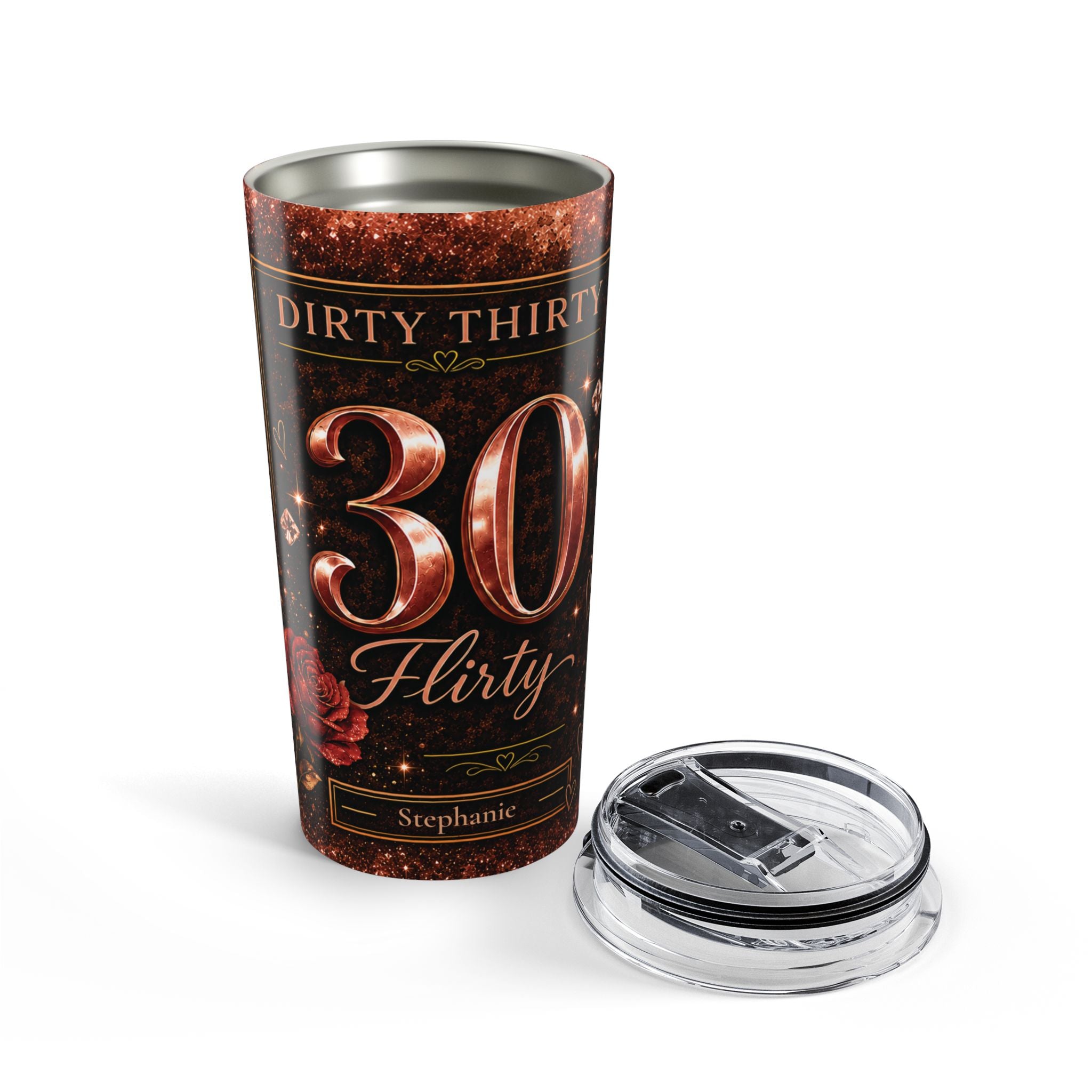 Dirty Thirty tumbler styled on a table with birthday decor