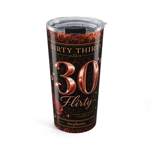 Personalized Dirty Thirty 30th birthday tumbler with custom name in black and copper glitter