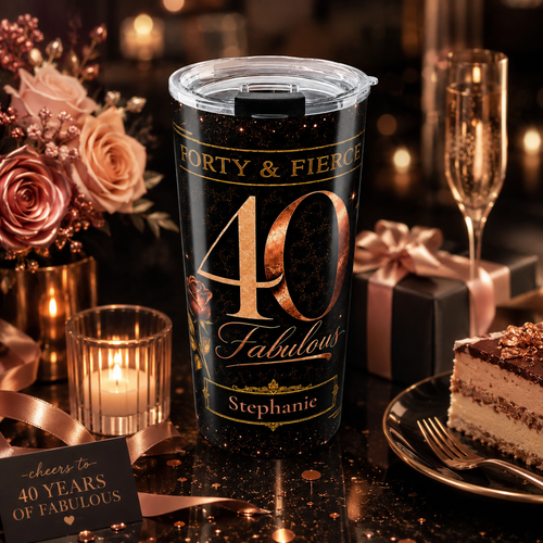 Close-up of custom name personalization on Forty & Fierce tumbler