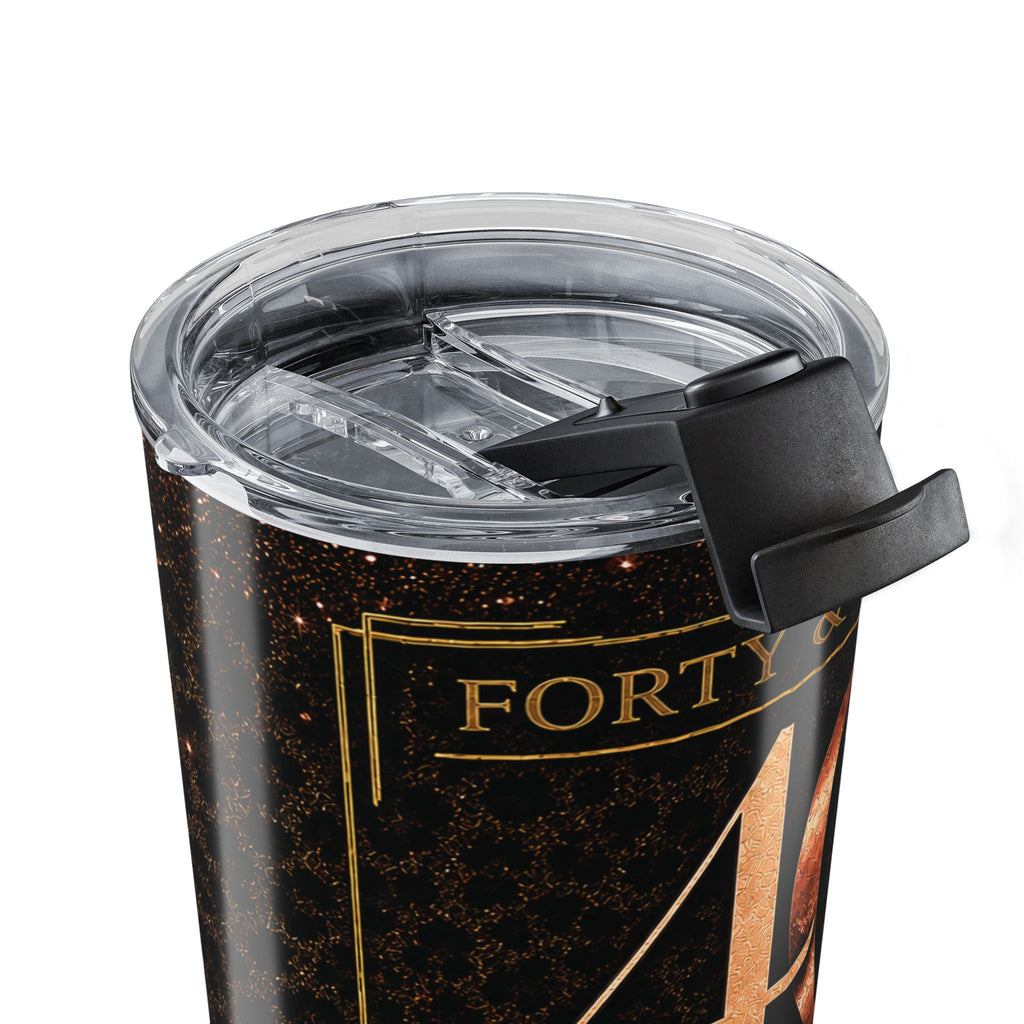 Forty & Fierce tumbler held in hand showing size and grip