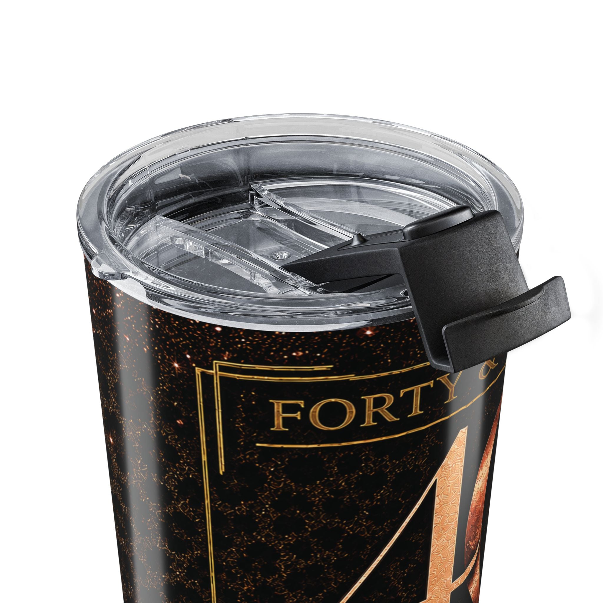 Forty & Fierce tumbler held in hand showing size and grip