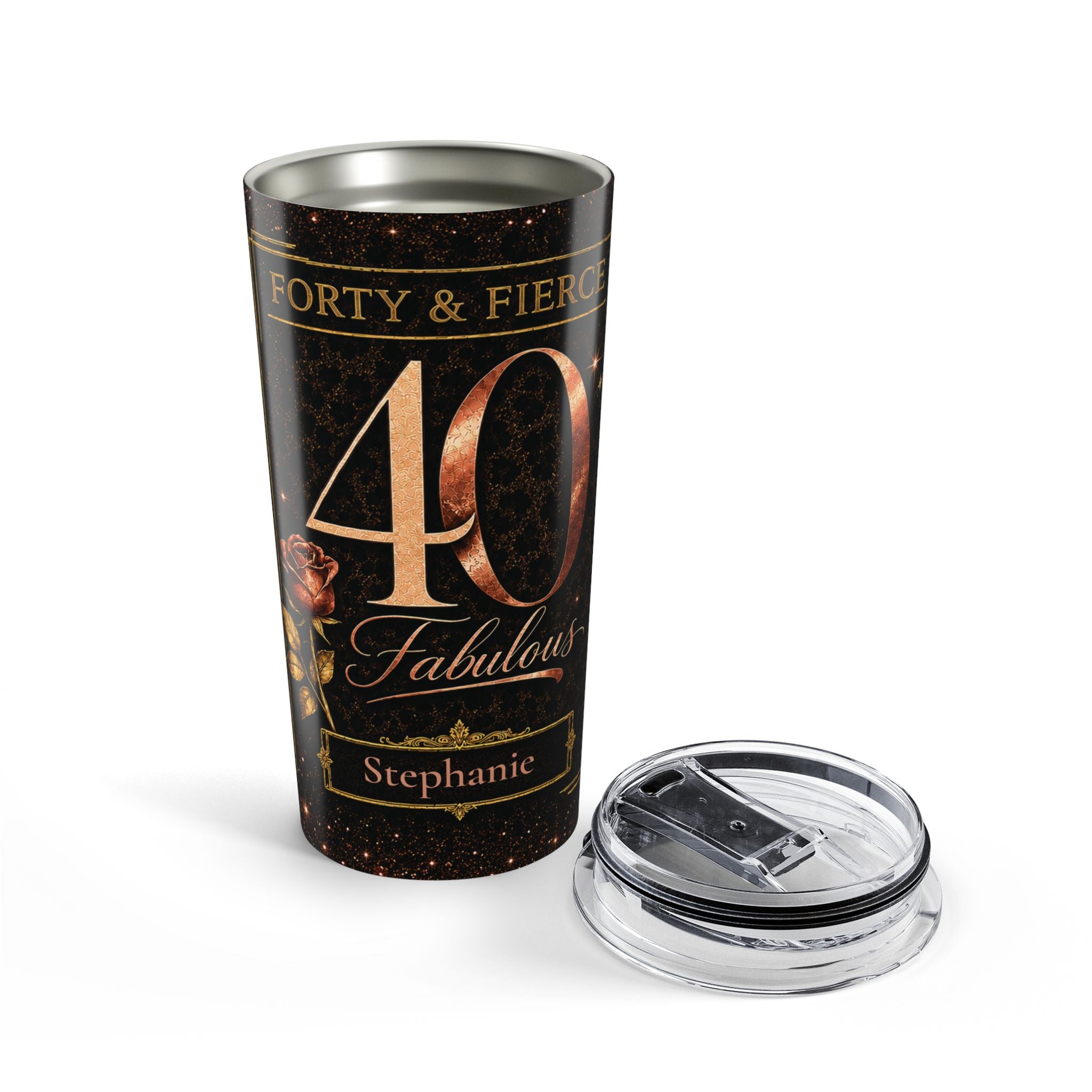Forty & Fierce tumbler styled on a table with birthday decor