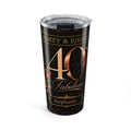 Personalized Forty & Fierce 40th birthday tumbler with custom name in black and copper glitter