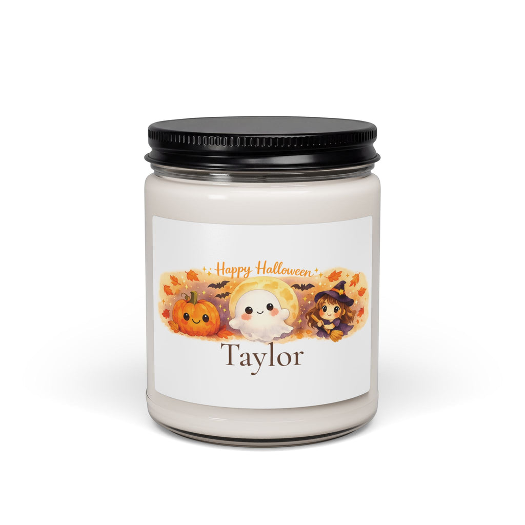 Personalized Halloween candle displayed in a cozy living room setting
