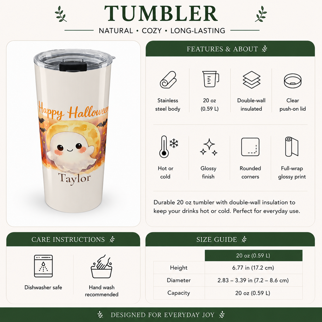 Back angle of Happy Halloween ghost tumbler design