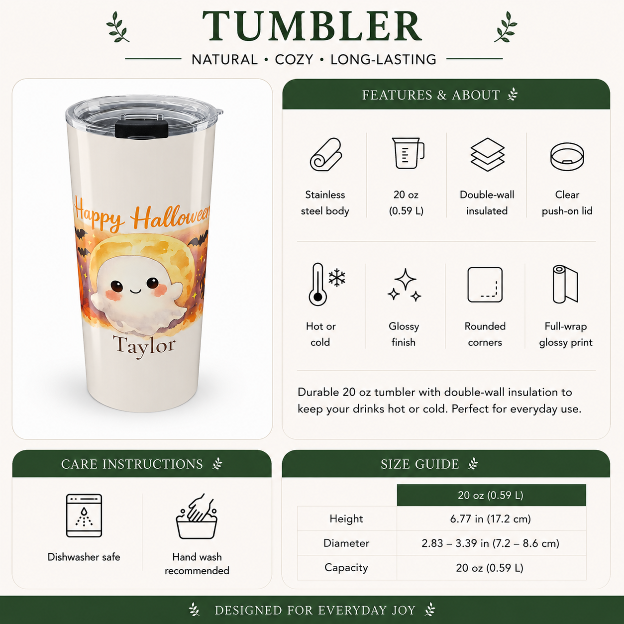 Back angle of Happy Halloween ghost tumbler design