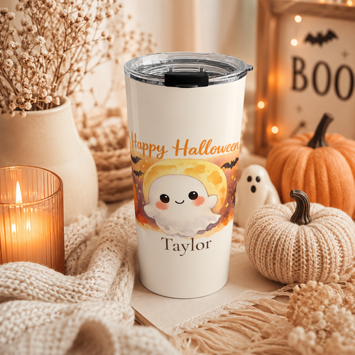 Close-up of custom name personalization on Happy Halloween ghost tumbler