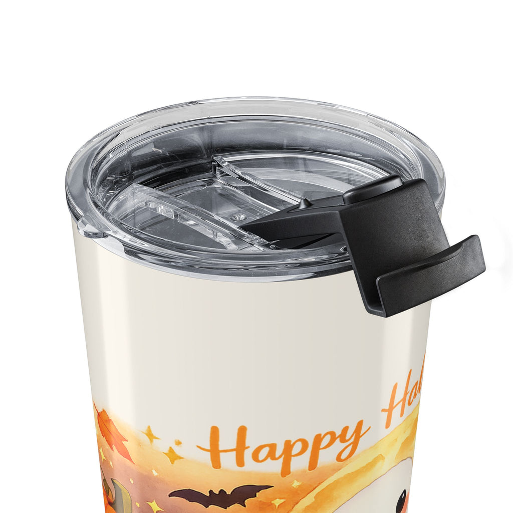 Happy Halloween ghost tumbler held in hand showing size and grip