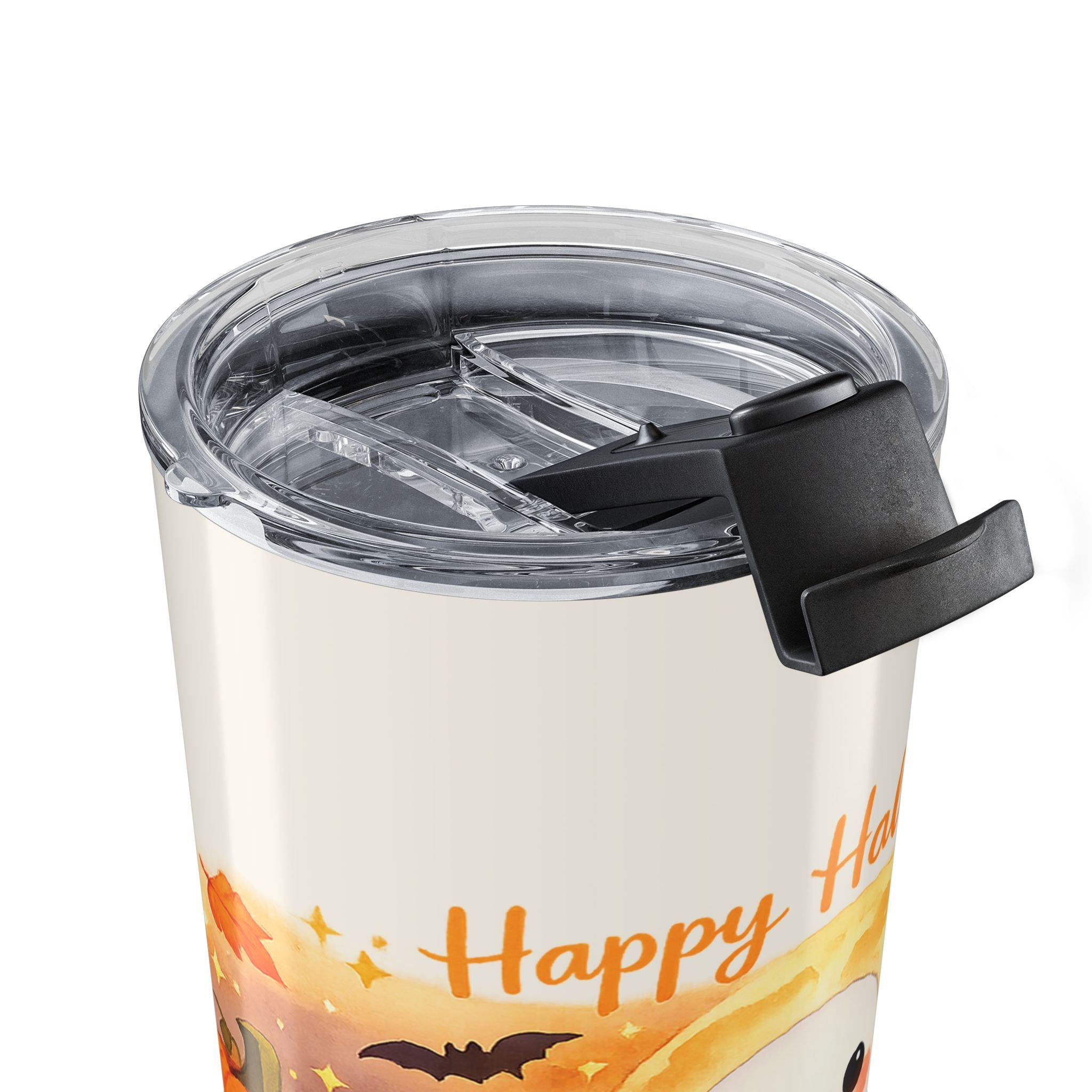 Happy Halloween ghost tumbler held in hand showing size and grip
