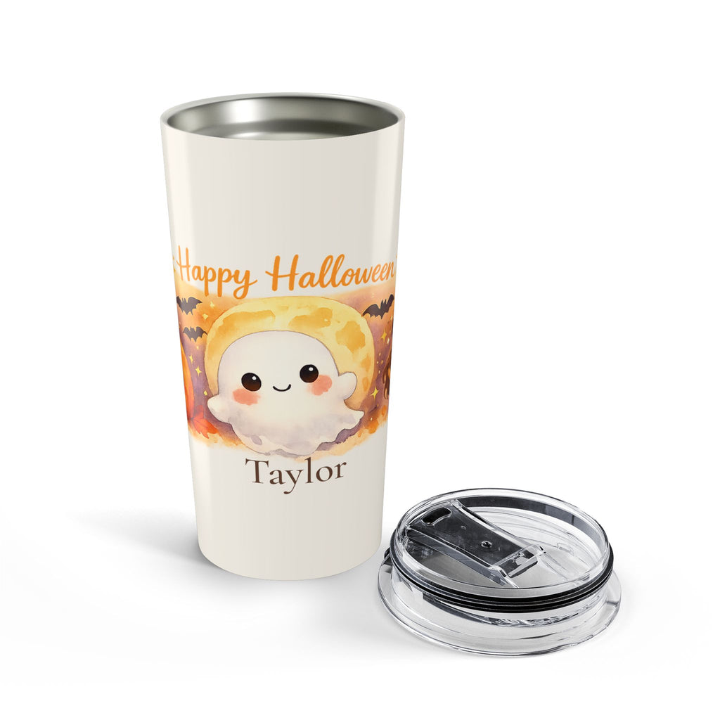 Happy Halloween ghost tumbler styled with fall decor on a table