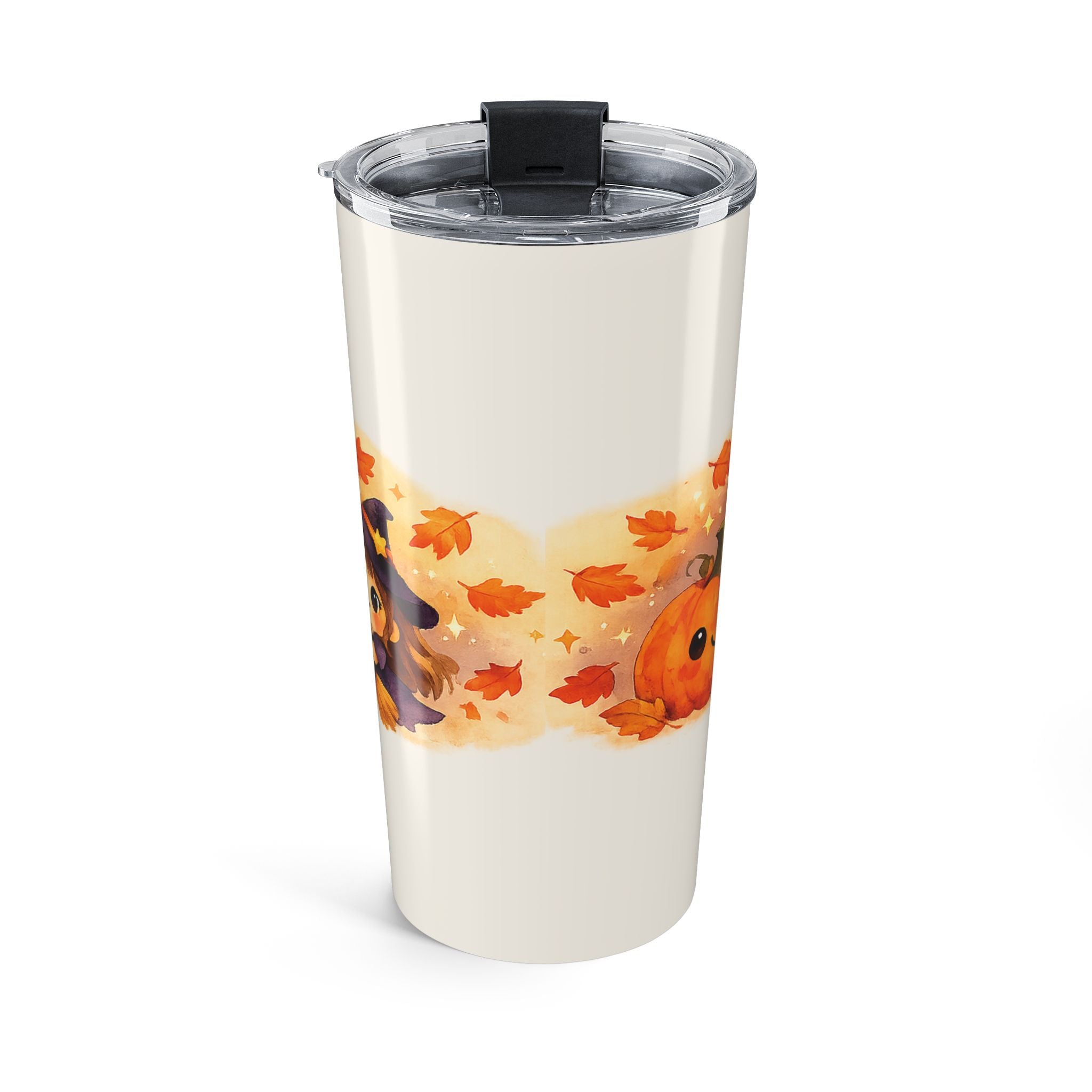 20oz Happy Halloween ghost tumbler shown with clear push-on lid