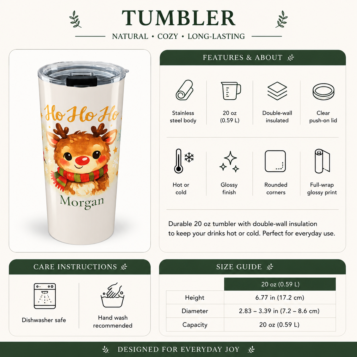 Back angle of Ho Ho Ho reindeer tumbler design