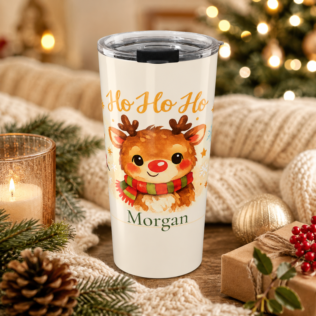 Close-up of custom name personalization on Ho Ho Ho reindeer tumbler